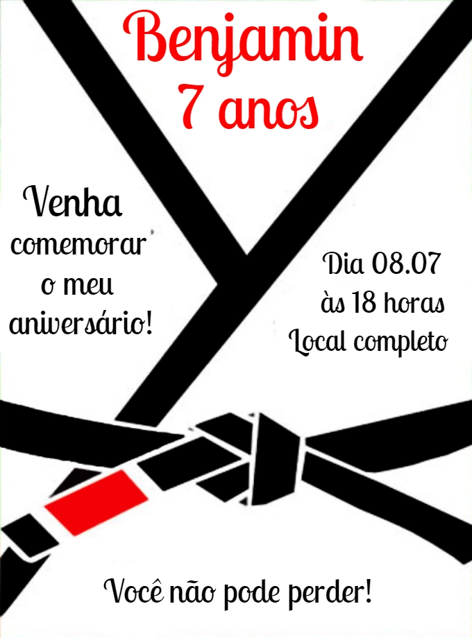 Convite Aniversário Jiu Jitsu com Faixa Preta para Editar Online