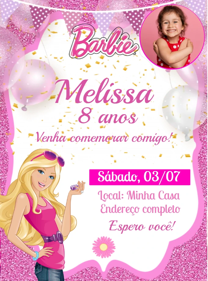 Convite Aniversário Barbie com Foto para Editar Online