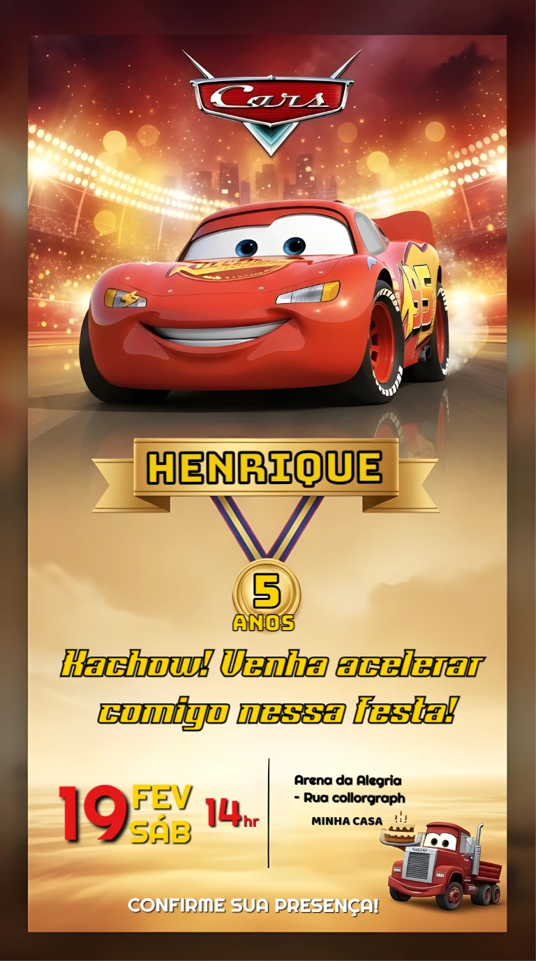 Convite Animado Aniversário Carros: Pista de Corrida Editável
