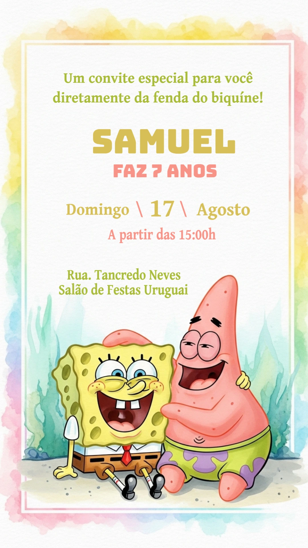 Convite de Aniversário Bob Esponja e Patrick para Editar Online