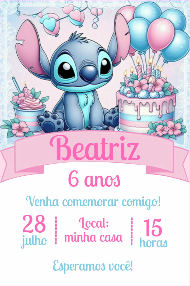 Convite Aniversário Stitch Rosa para Editar Online