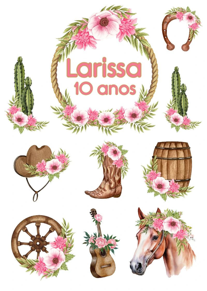 Topper de Bolo Festa Country com Flores para Editar Online
