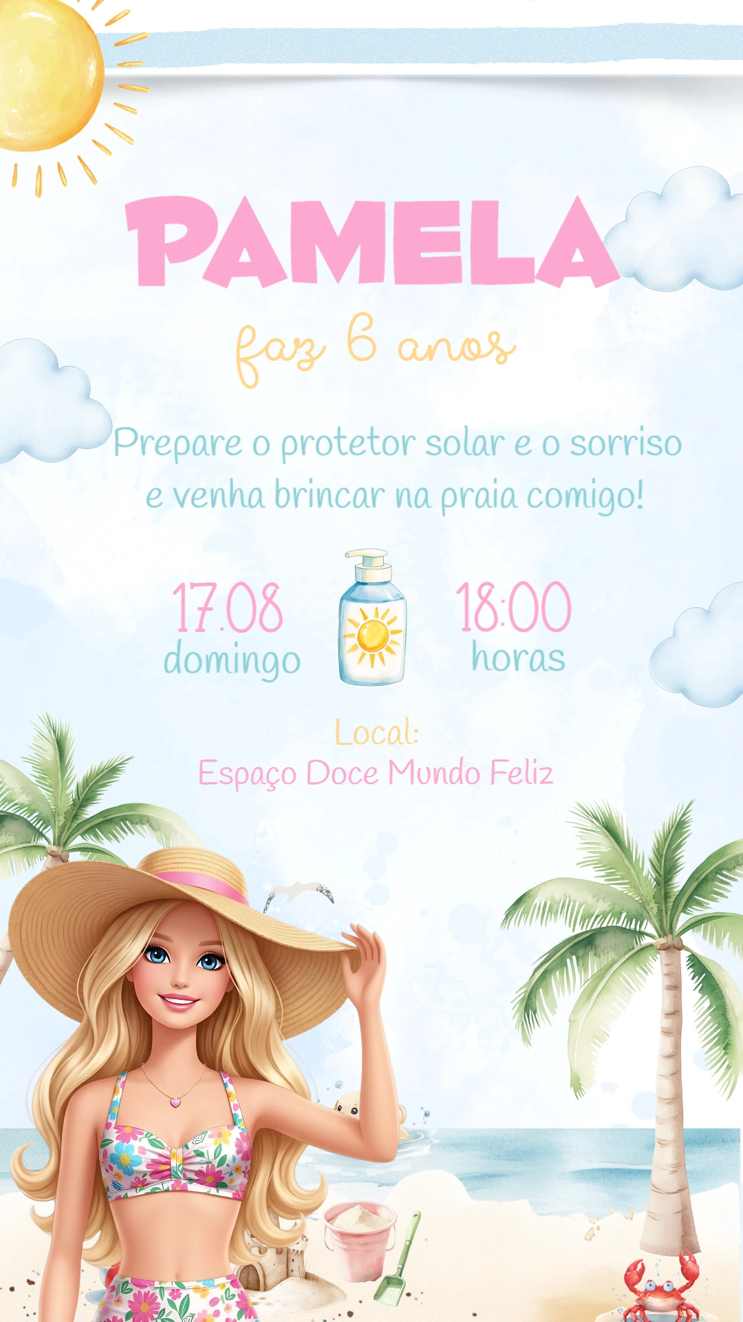 Convite Aniversário Barbie Praia para Editar Online