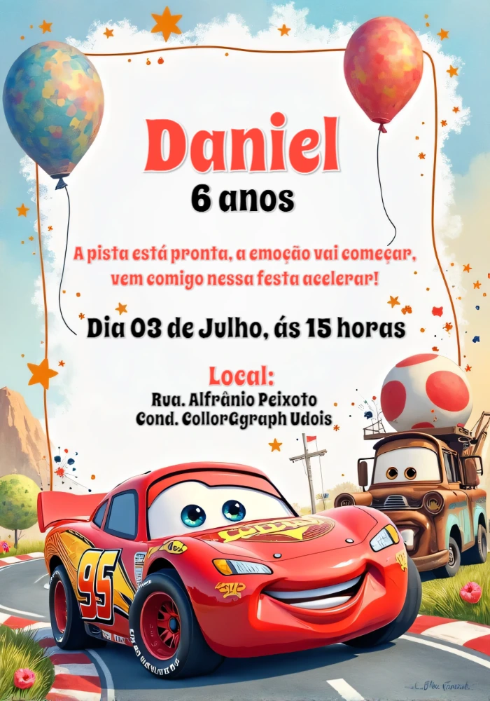 Convite de Aniversário Carros Relâmpago McQueen para Editar