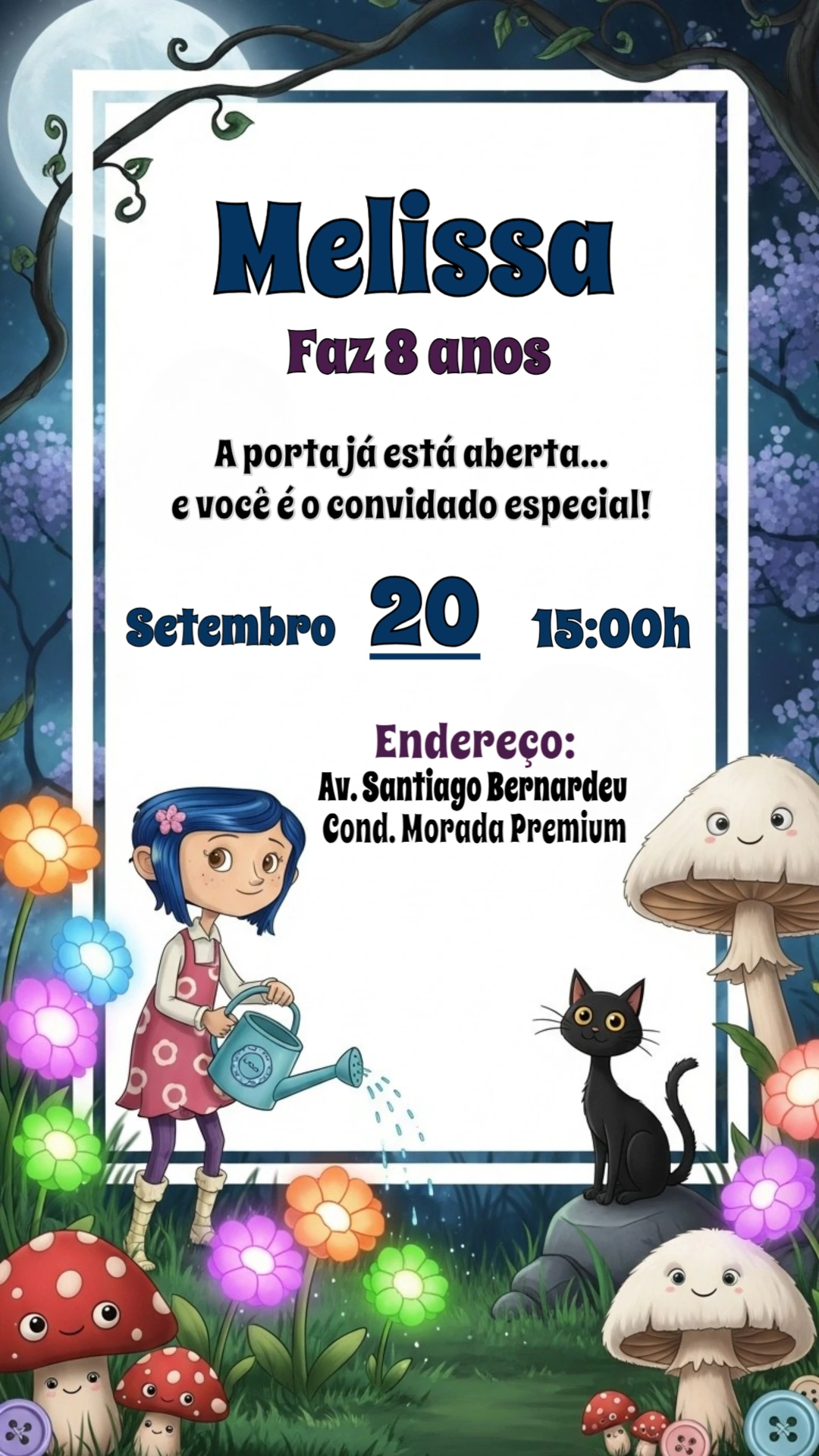 Convite de Aniversário Coraline para Editar Online