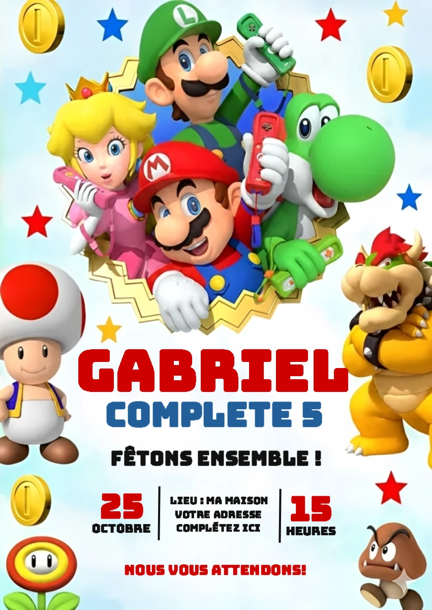 Invitation Anniversaire Super Mario avec Personnages à Modifier