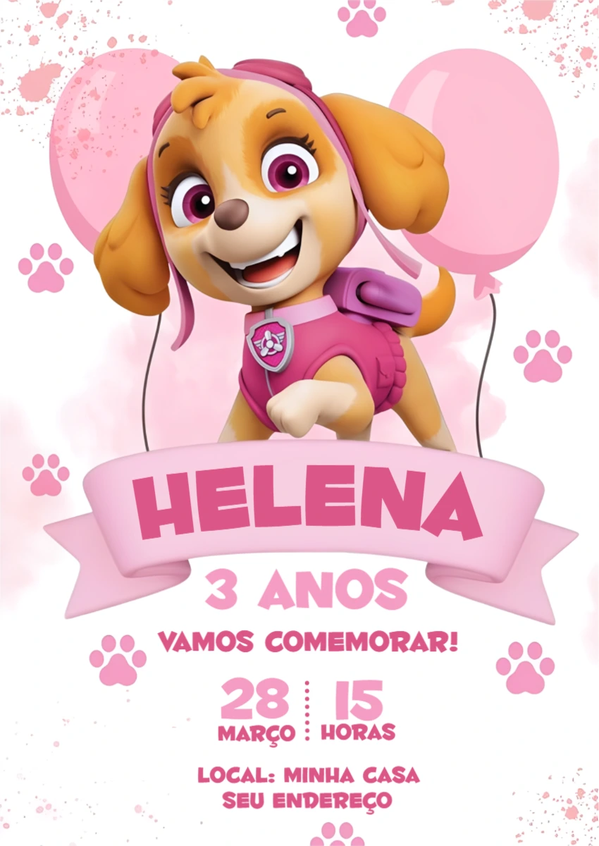 Convite de Aniversário Patrulha Canina Skye Rosa para Editar