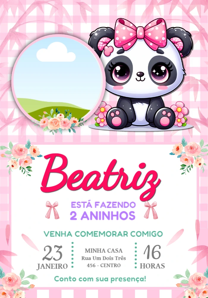 Convite Digital Aniversário Panda Menina Editável