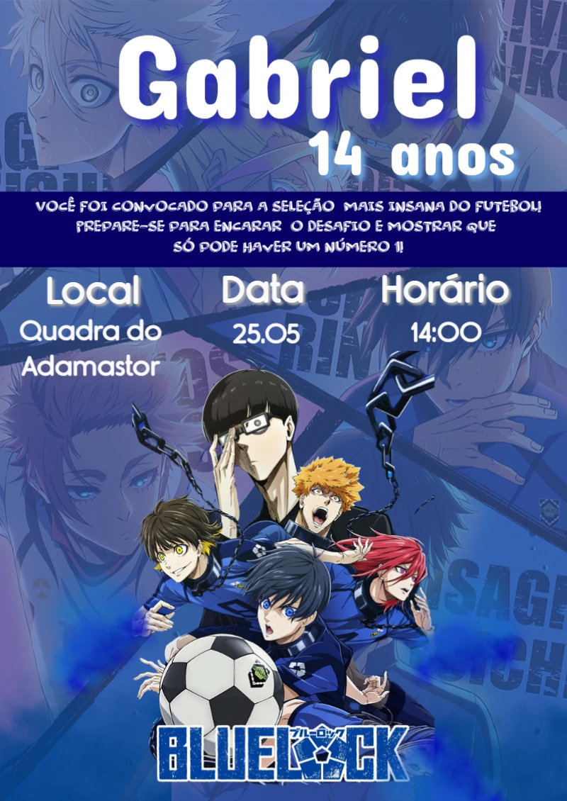 Convite de Aniversário Blue Lock com Personagens para Editar