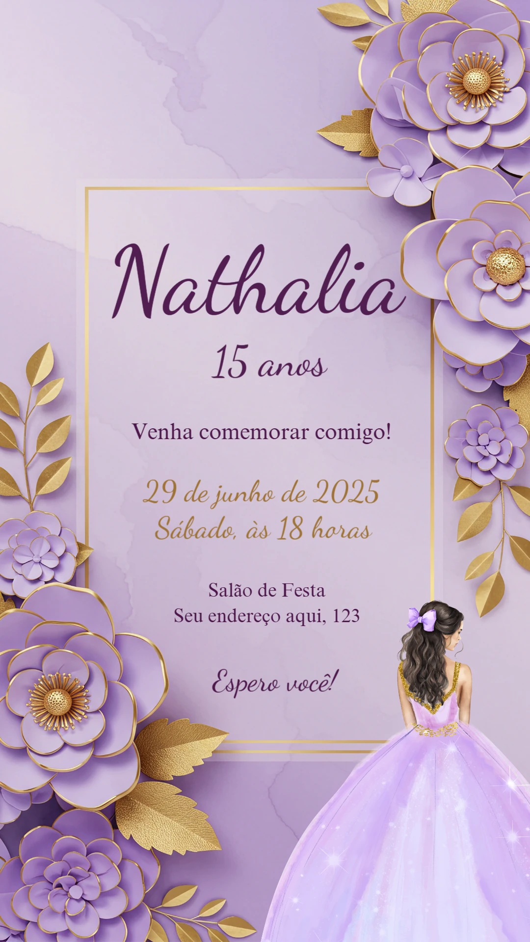 Convite de 15 anos Lilás e Dourado com Flores 3D para Editar