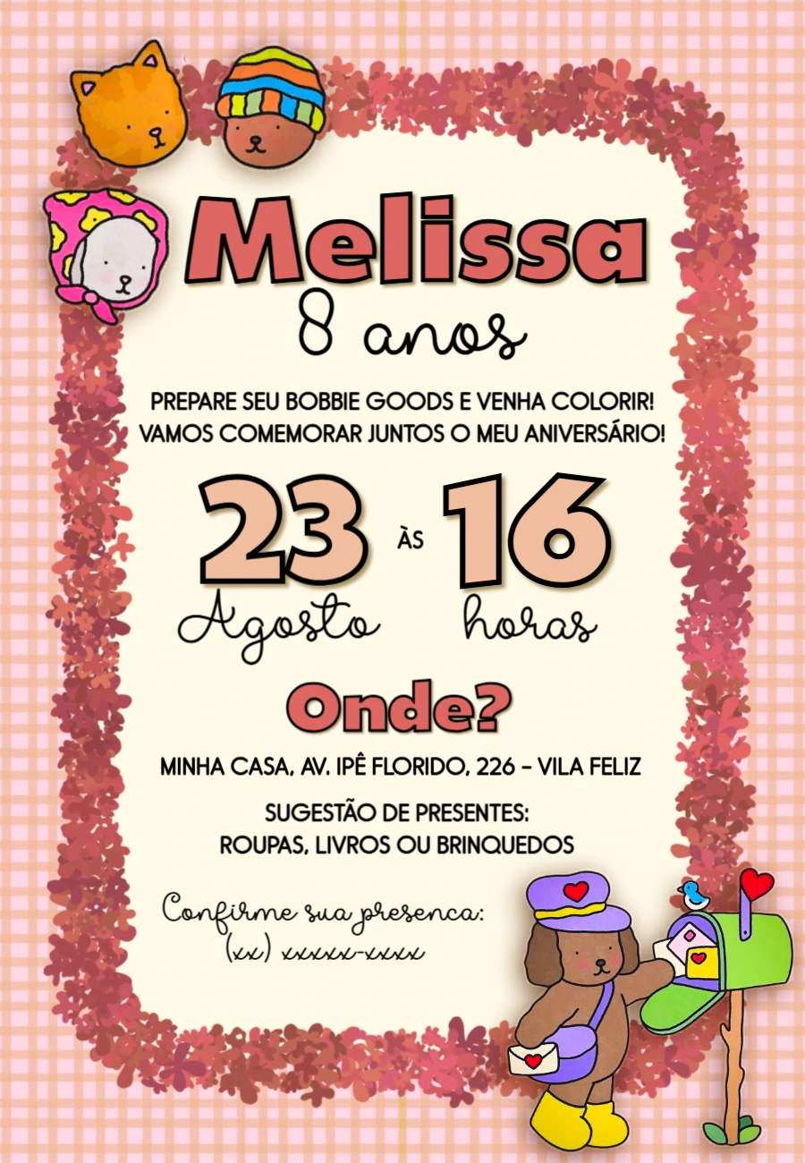 Convite Aniversário Bobbie Goods com Desenhos Fofos para Editar