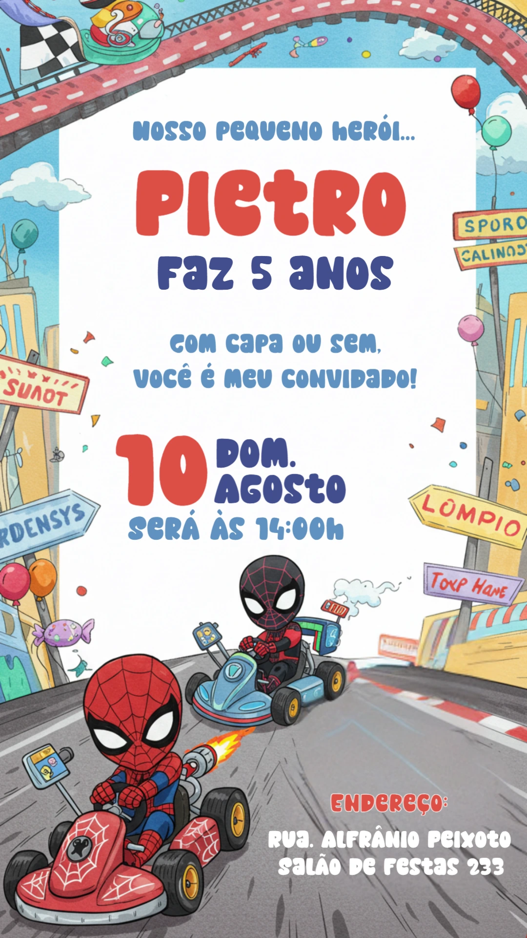 Convite Aniversário Homem Aranha Kart para Editar Online