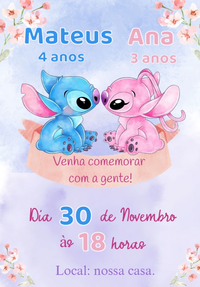 Convite de Aniversário Duplo Stitch e Angel para Editar Online