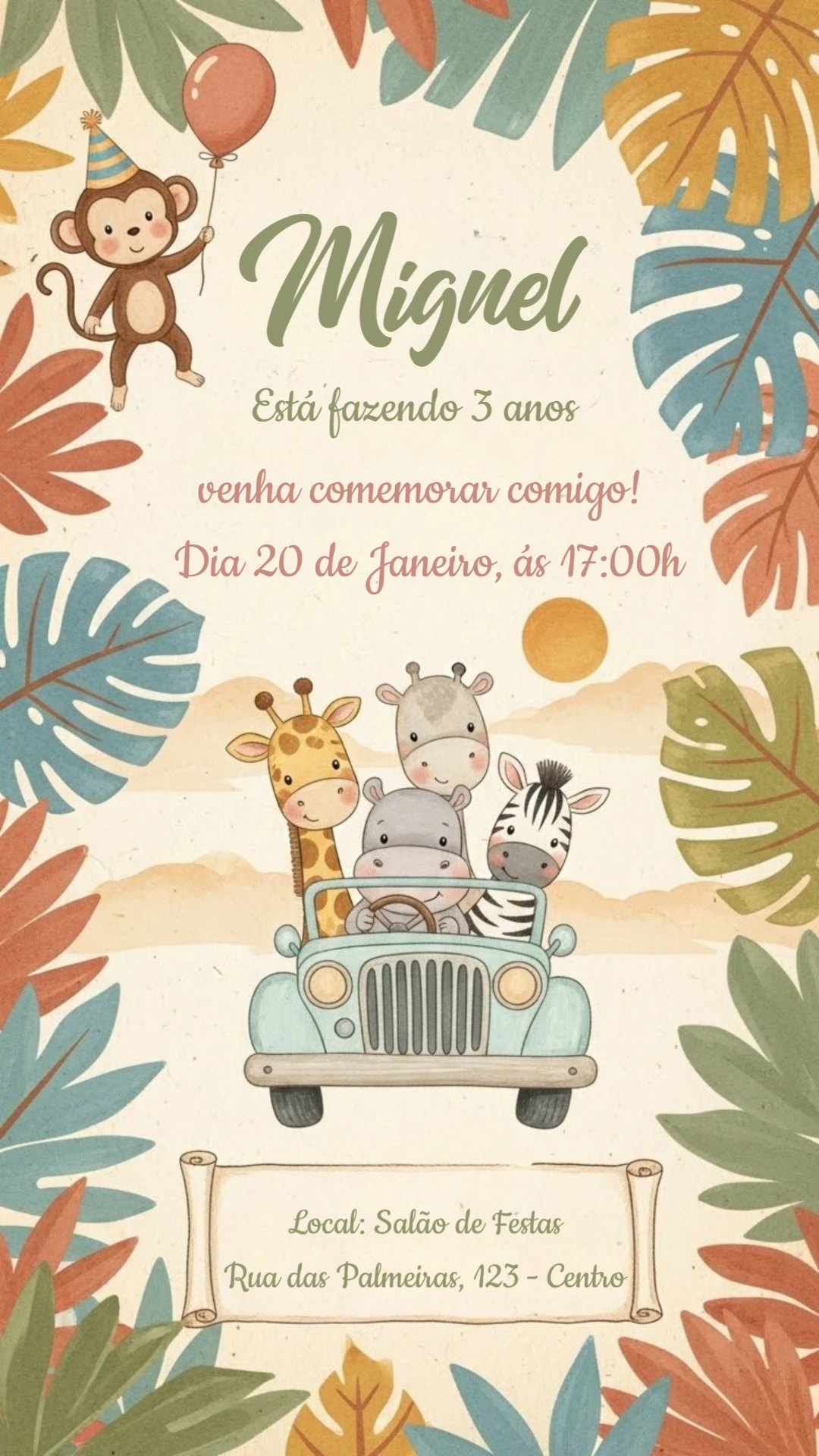Convite de Aniversário Safari com Animais Fofos para Editar