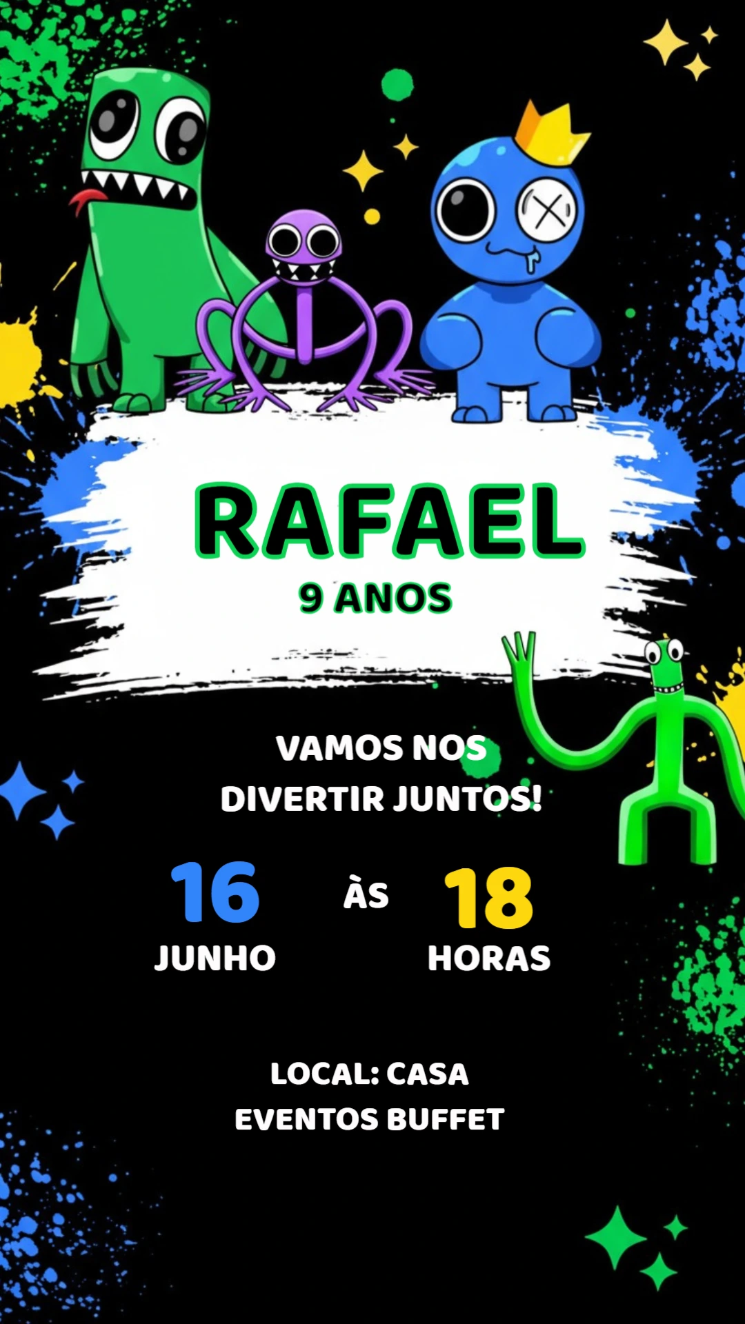Convite de Aniversário Rainbow Friends Colorido para Editar