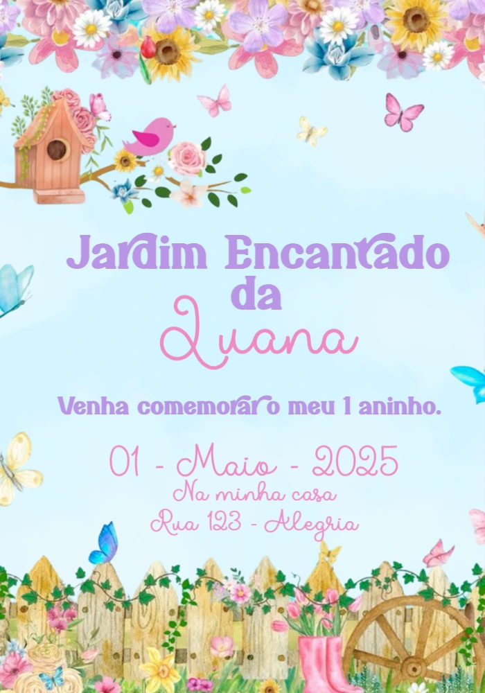 Convite Aniversário Jardim Encantado com Flores para Editar