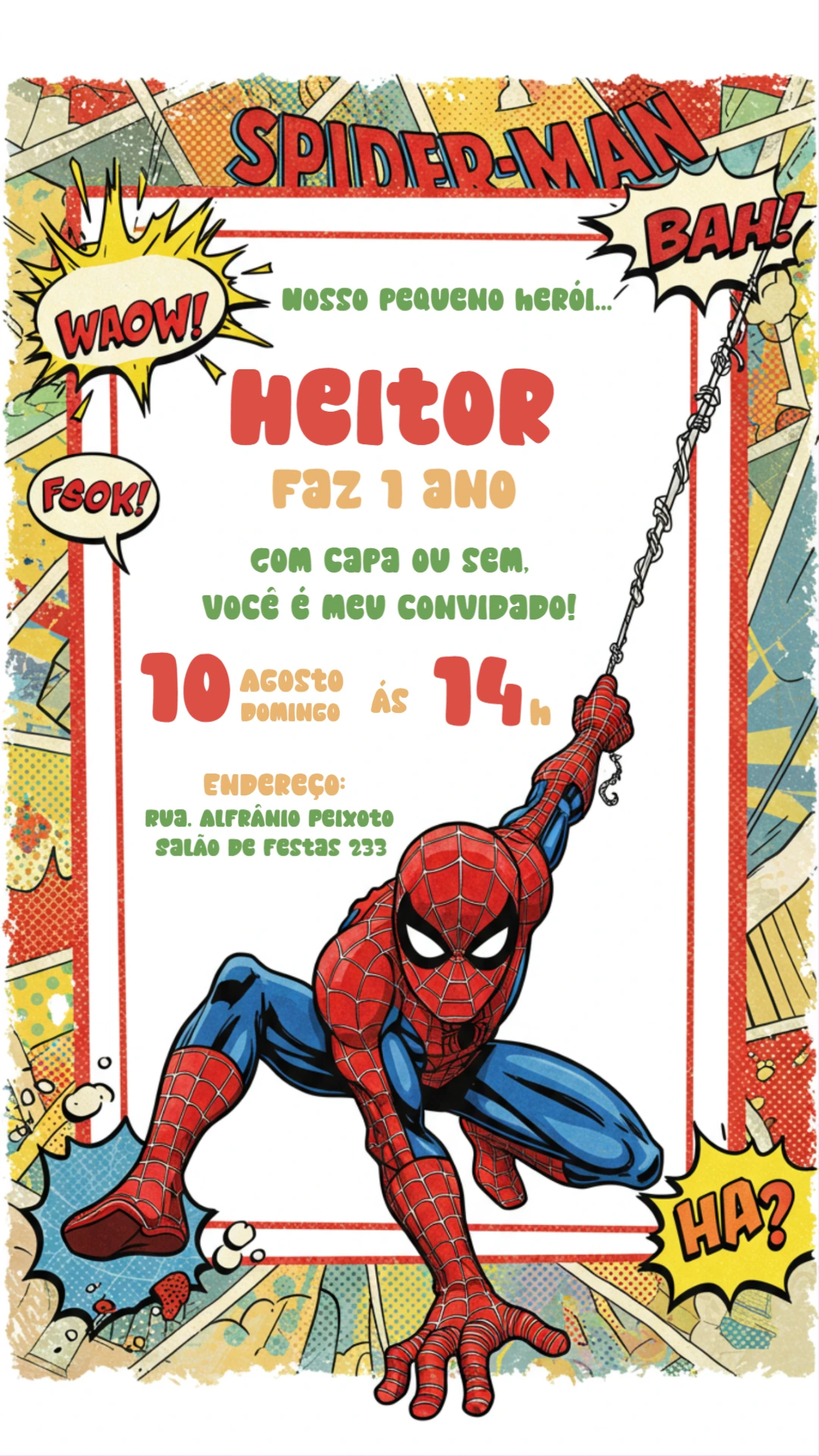 Convite Aniversário Homem Aranha Estilo Gibi para Editar Online