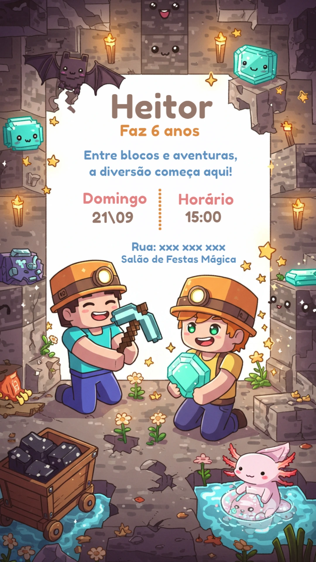 Convite de Aniversário Minecraft com Personagens para Editar