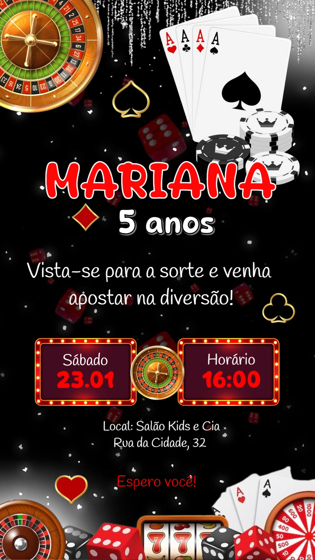 Convite de Aniversário Cassino com Cartas e Roleta para Editar