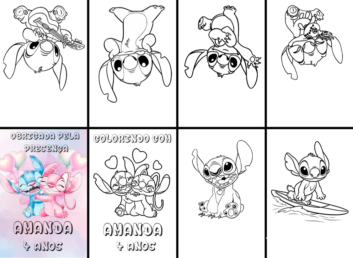 Mini Livro de Colorir Stitch e Angel Editável para Festa