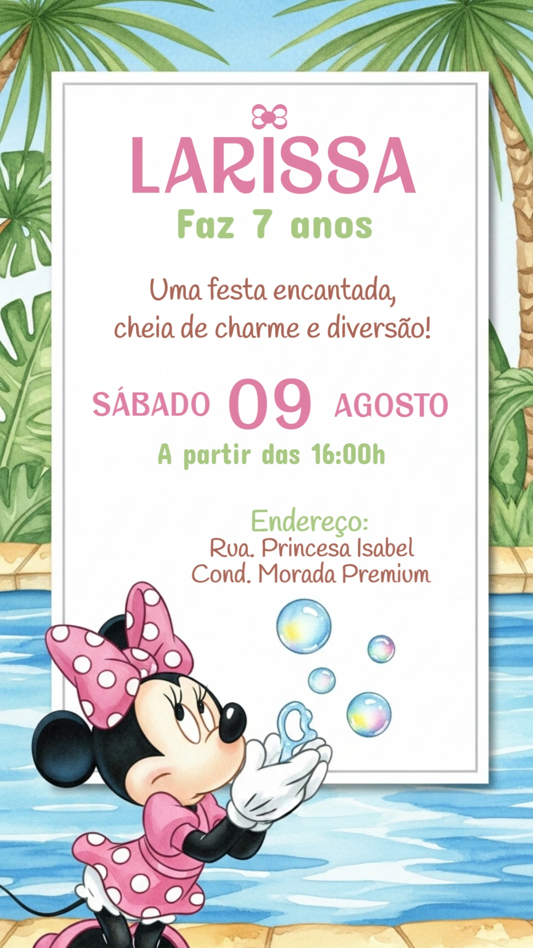 Convite Aniversário Minnie Mouse na Piscina para Editar Online