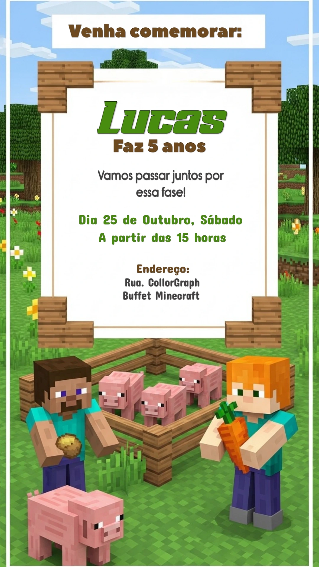 Convite de Aniversário Minecraft com Personagens para Editar