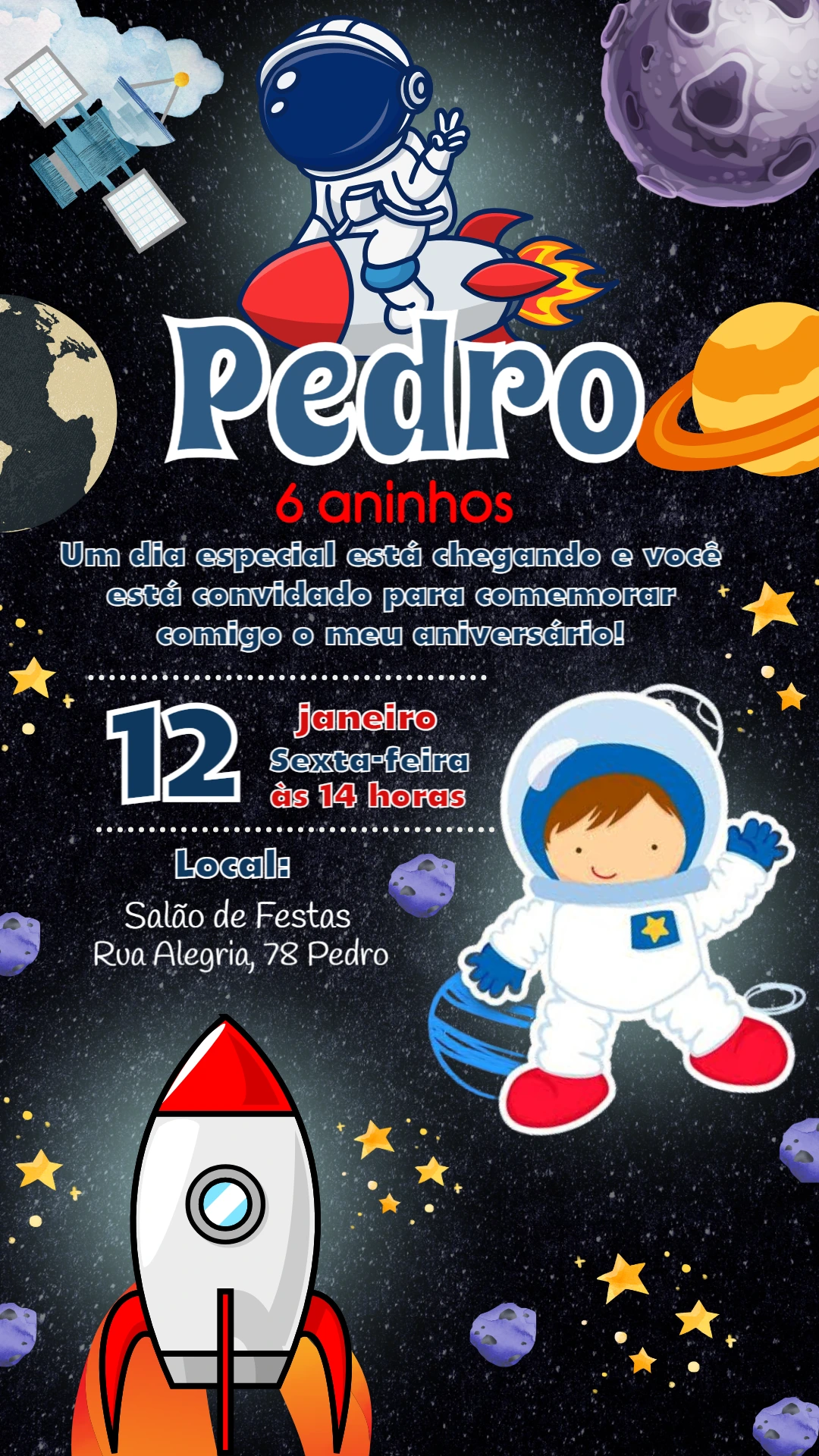 Convite Aniversário Astronauta no Espaço para Editar Online