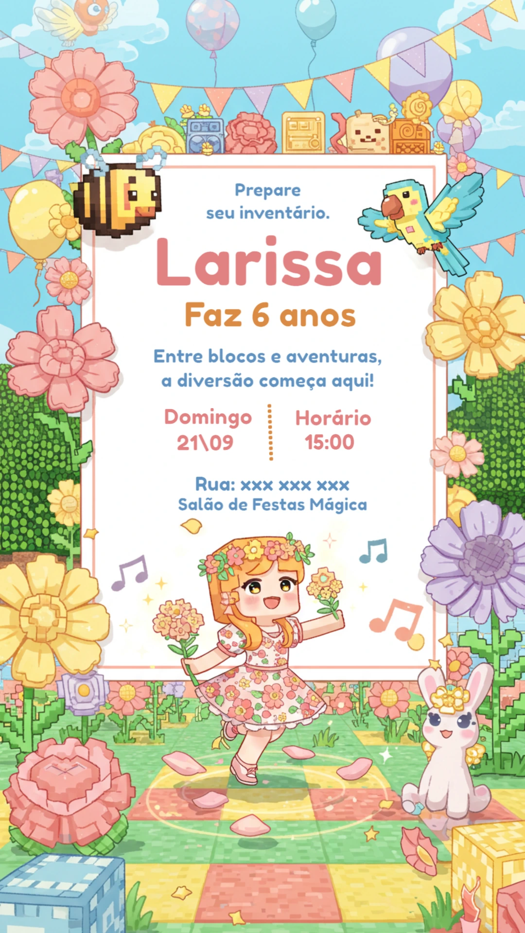 Convite Aniversário Minecraft Menina Floral para Editar Online