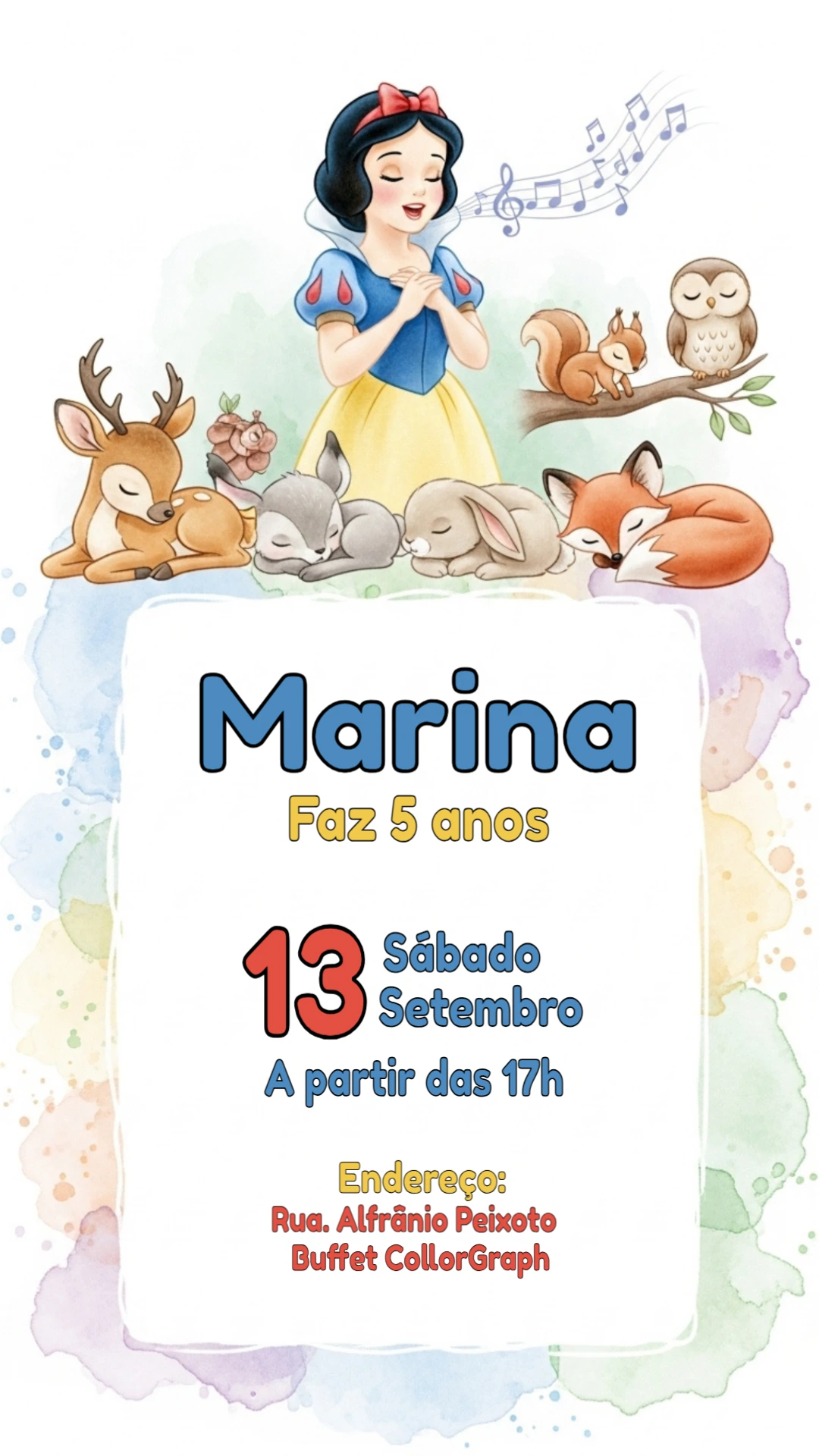 Convite Aniversário Branca de Neve Fofa para Editar Online