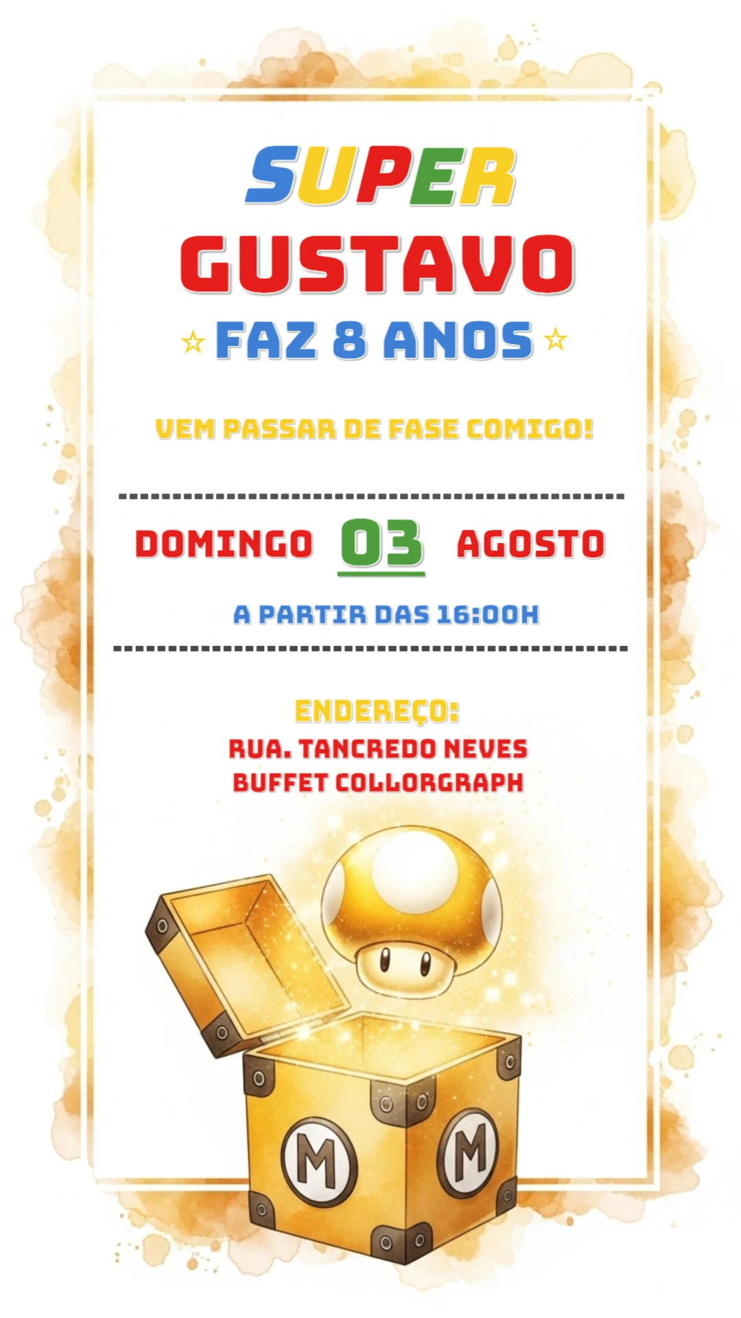 Convite Aniversário Super Mario com Bloco Surpresa para Editar