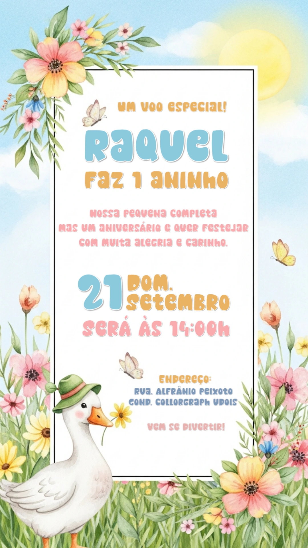 Convite de Aniversário Ganso Aquarela com Flores para Editar