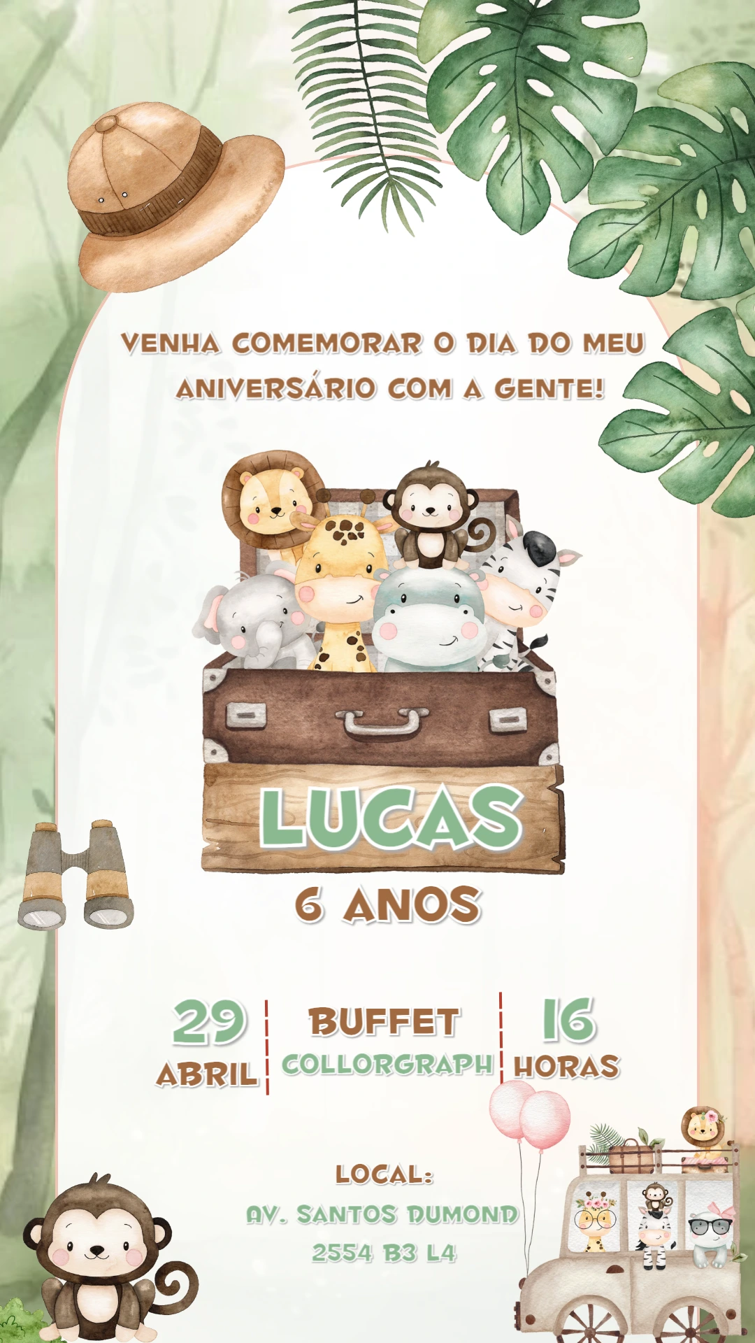 Convite de Aniversário Safari com Animais para Editar Online