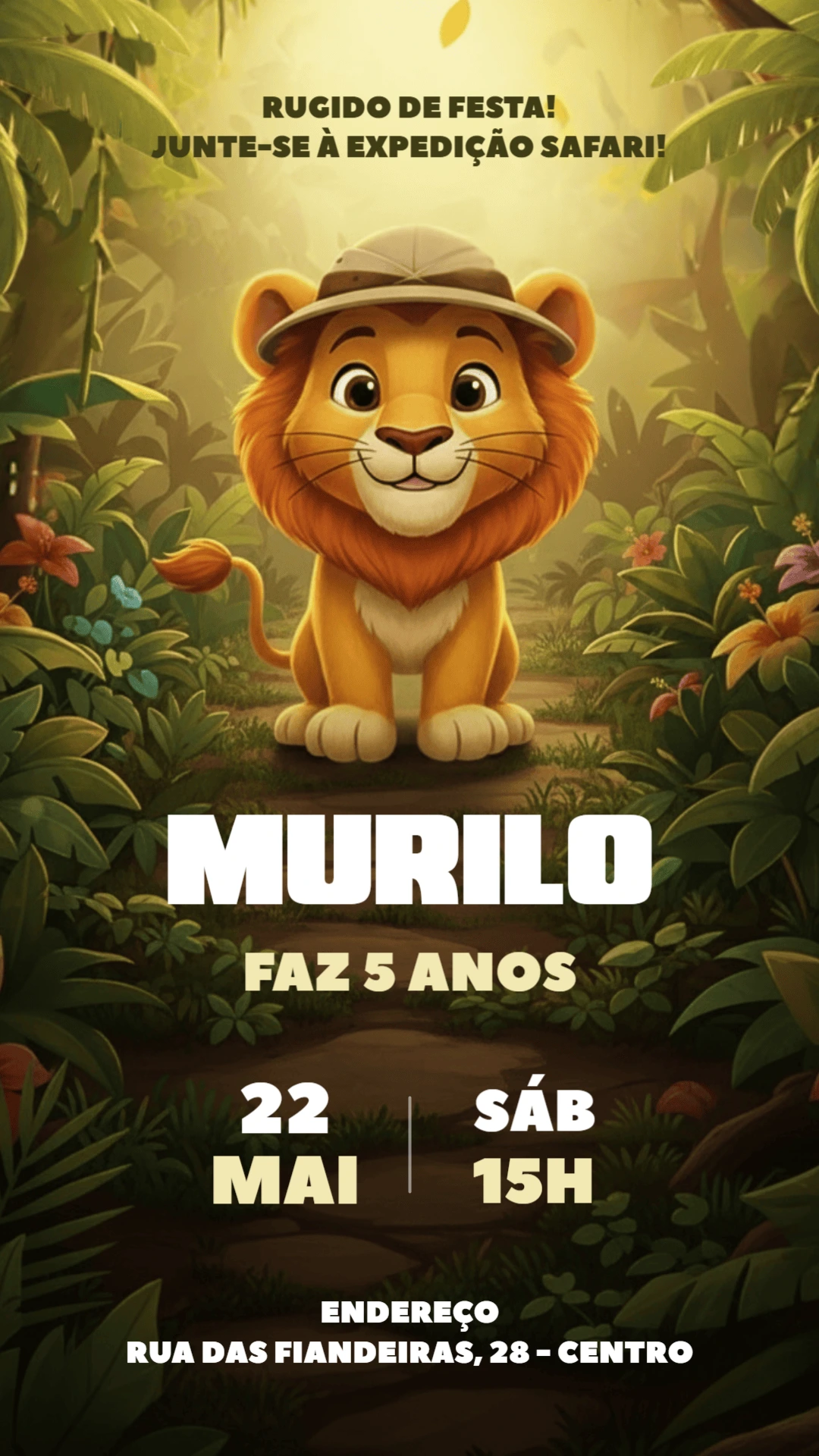 Convite de Aniversário Safari com Leãozinho para Editar Online