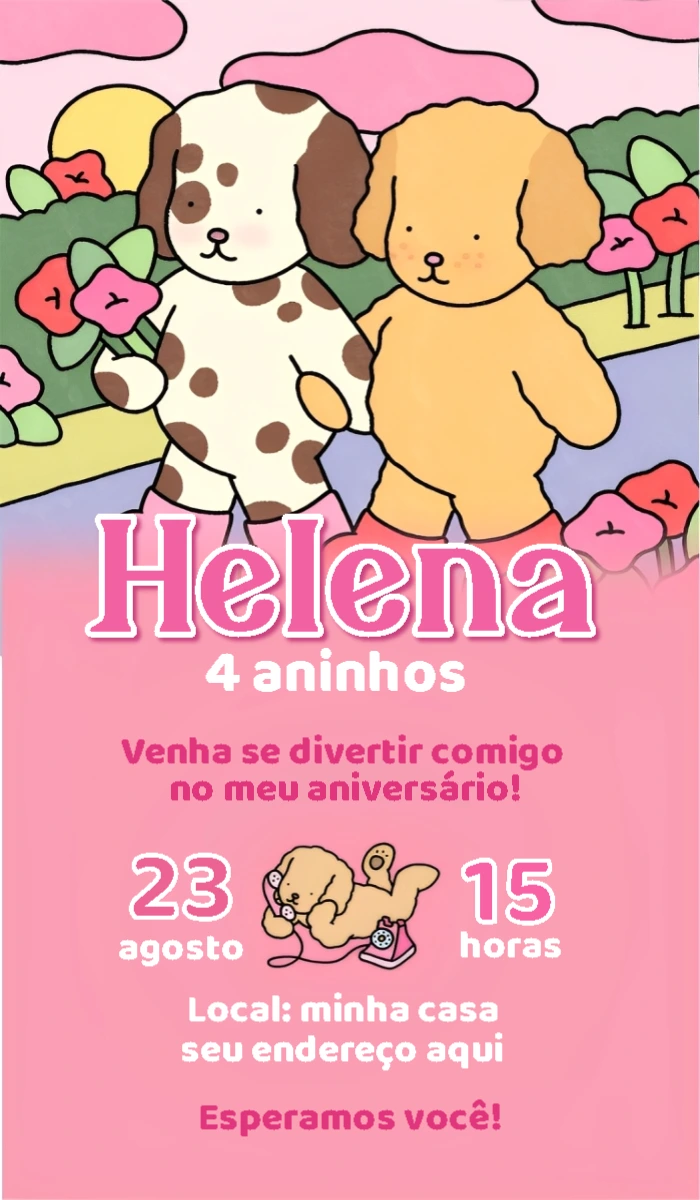 Convite de Aniversário Cachorrinhos Fofos para Editar Online