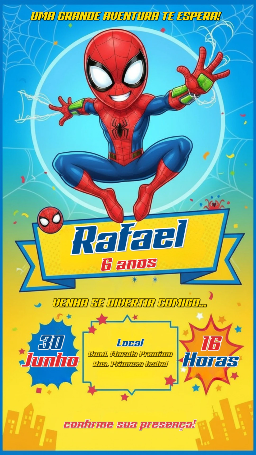 Convite de Aniversário Homem-Aranha Infantil para Editar