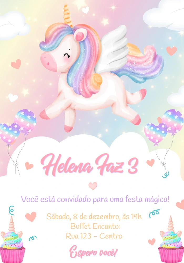 Convite de Aniversário Unicórnio Aquarela Editável
