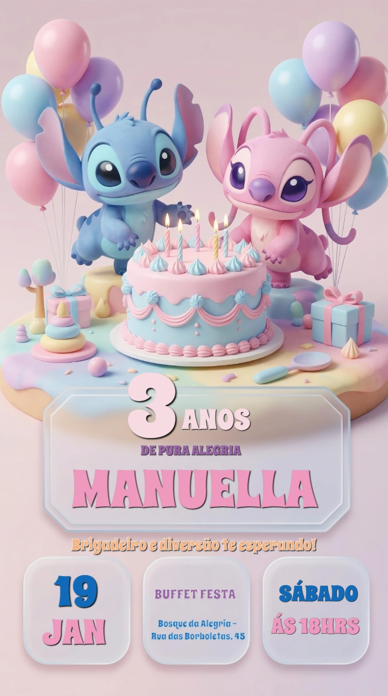 Convite de Aniversário Stitch e Angel 3D Editável