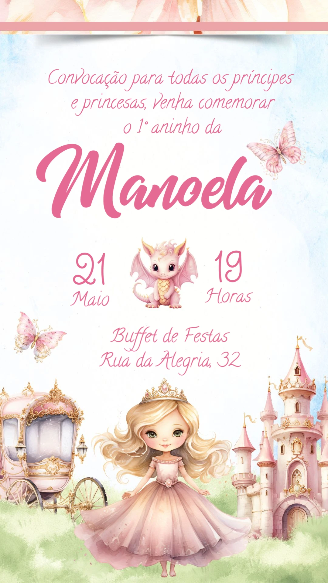 Convite de Aniversário Princesa e Dragão para Editar Online