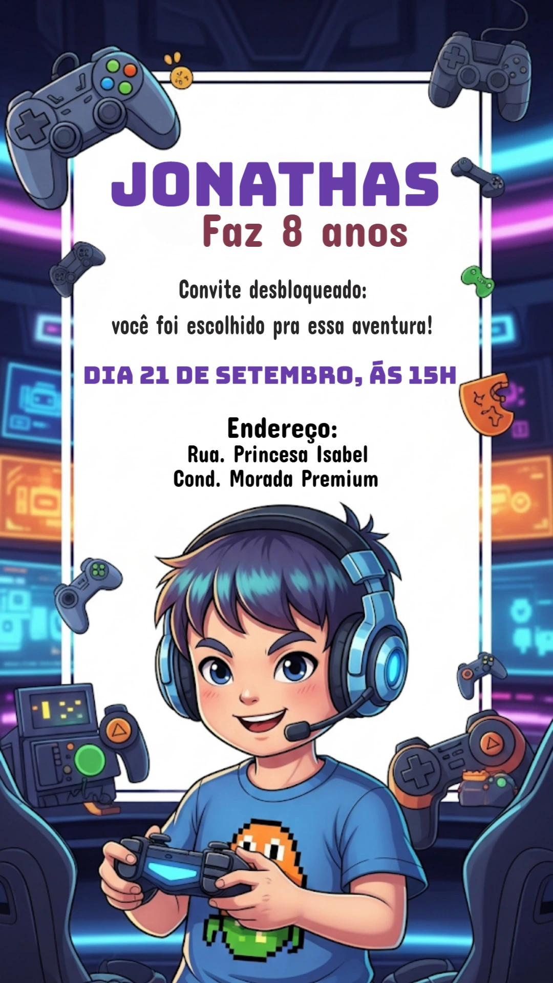 Convite de Aniversário Gamer com Menino para Editar Online
