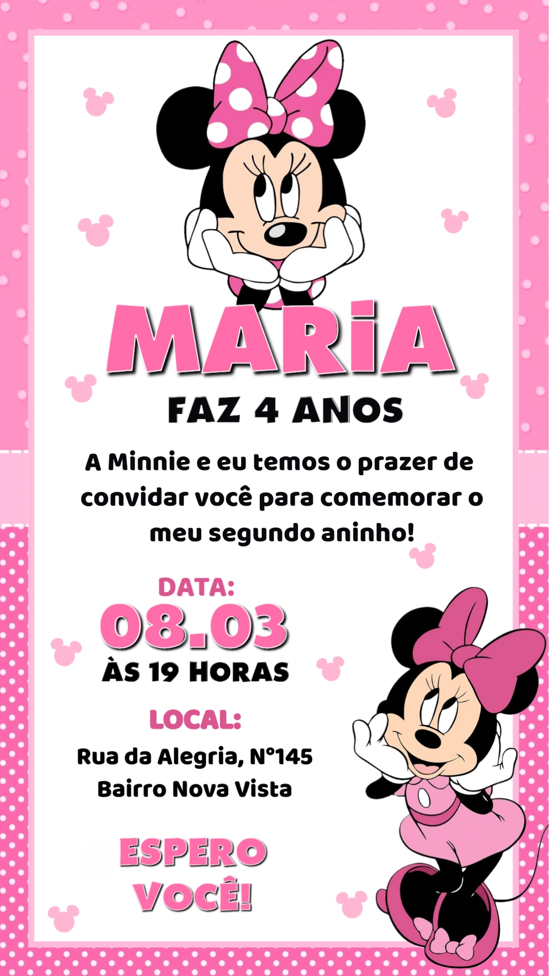 Convite de Aniversário Minnie Rosa Editável para Meninas