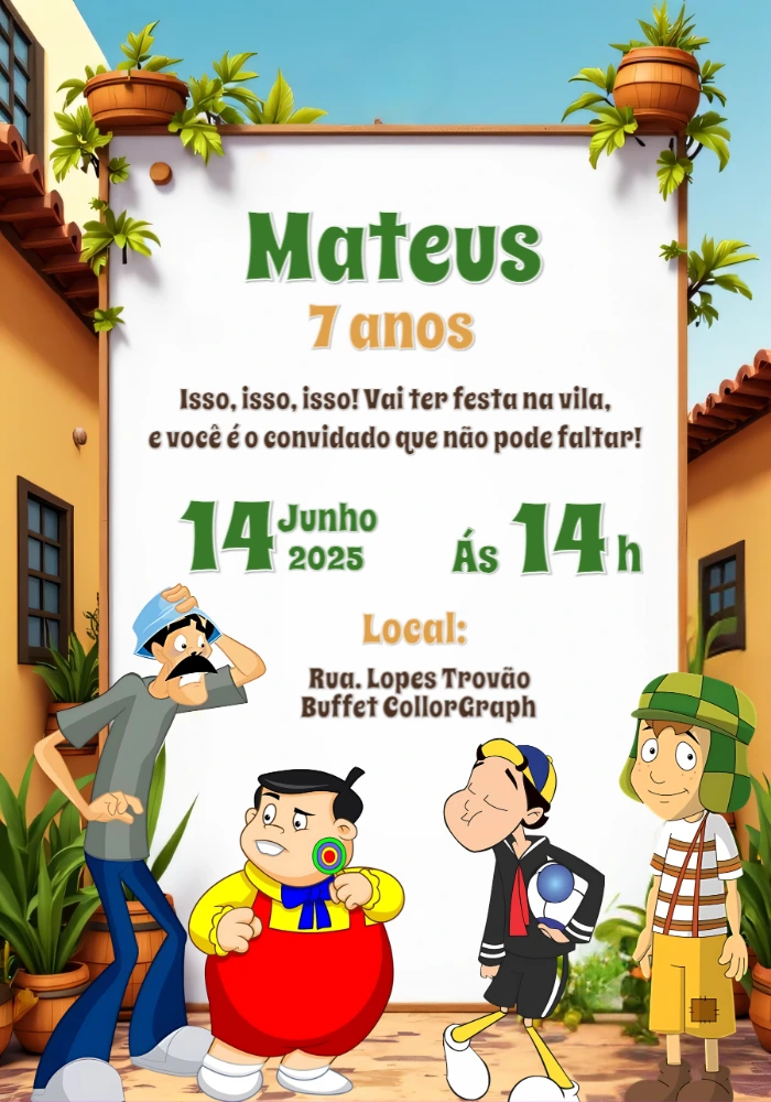 Convite de Aniversário Chaves com Personagens para Editar Online