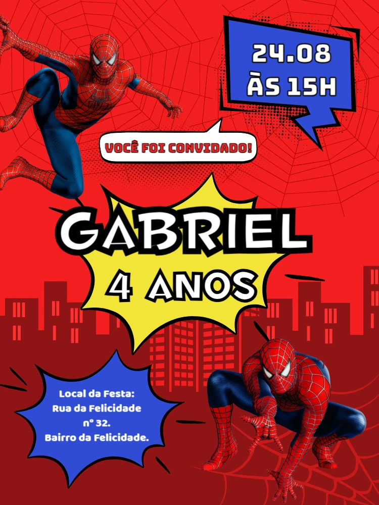 Convite de Aniversário Homem Aranha para Editar Online