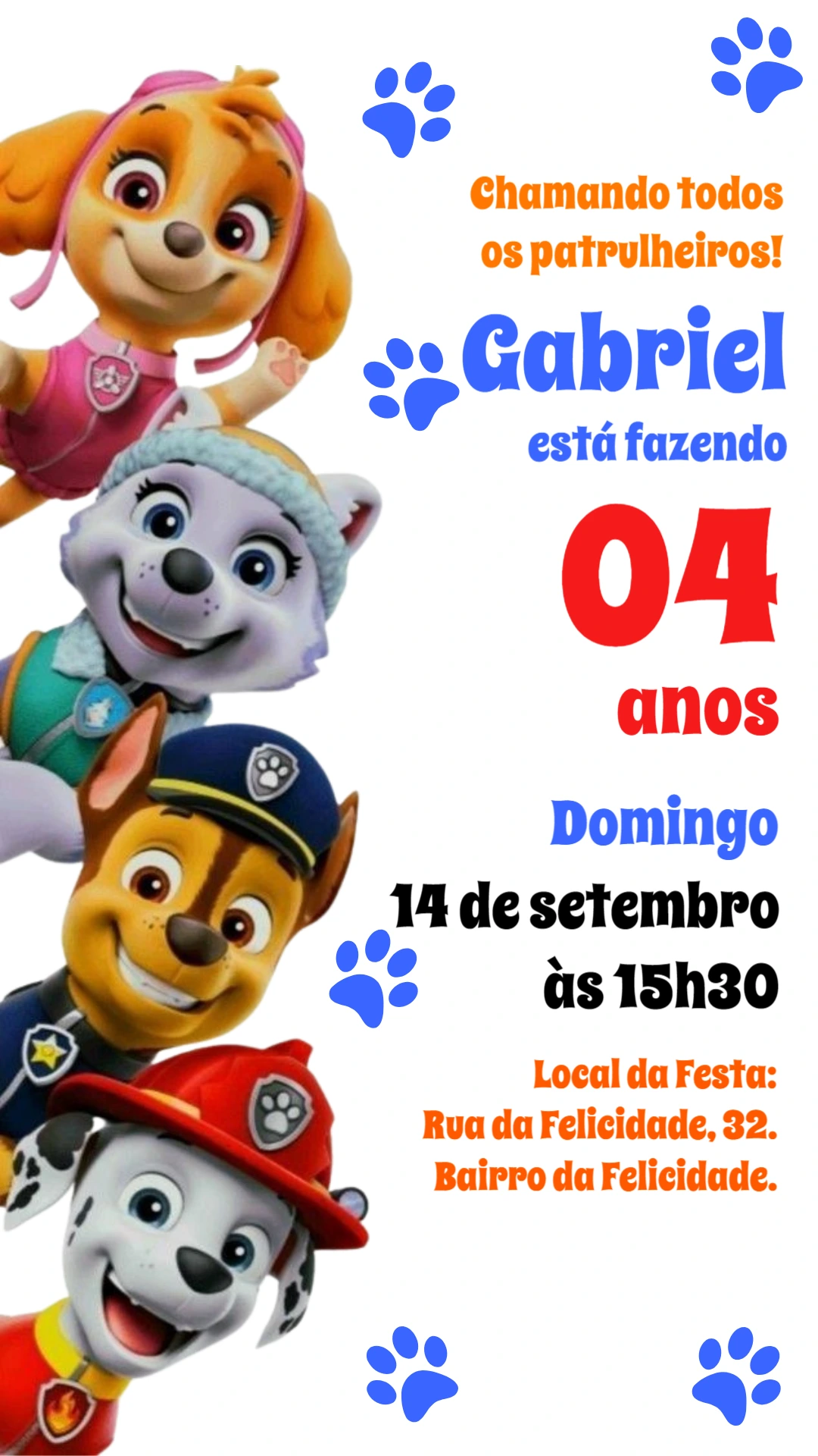 Convite de Aniversário Patrulha Canina para Editar Online