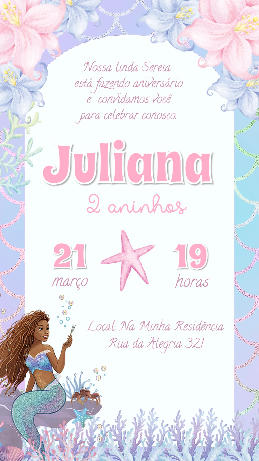 Convite de Aniversário Sereia Morena para Editar Online