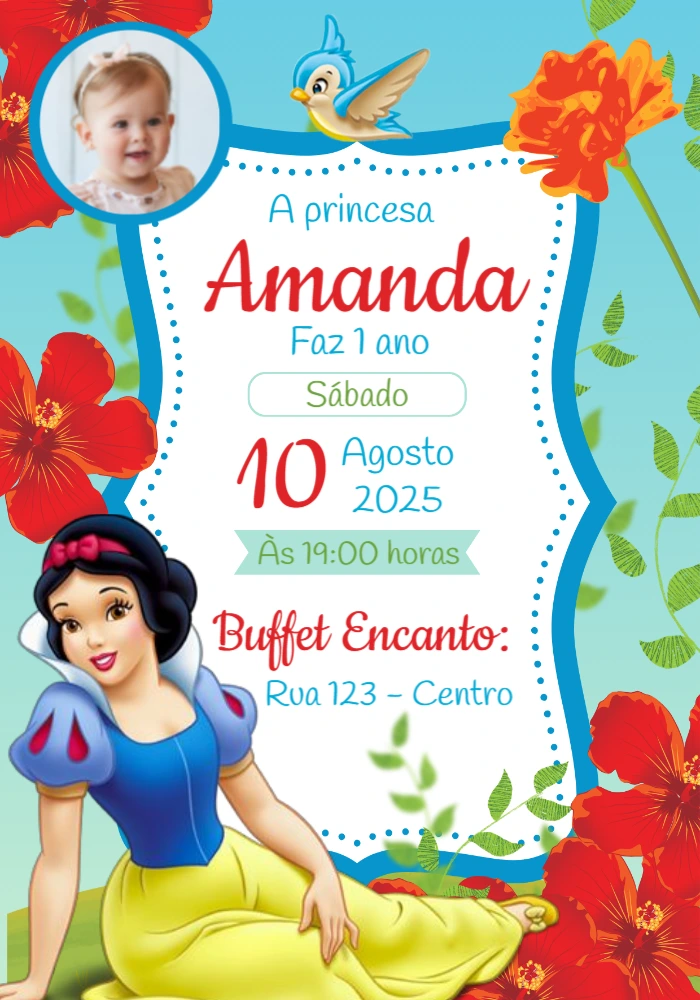 Convite Aniversário Branca de Neve com Foto para Editar Online