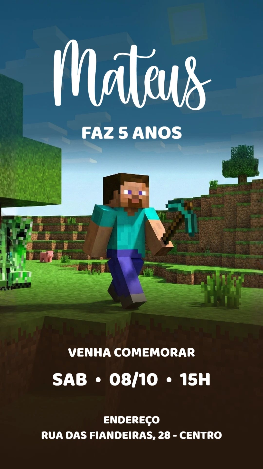 Convite Digital Minecraft Infantil Editável para Festa