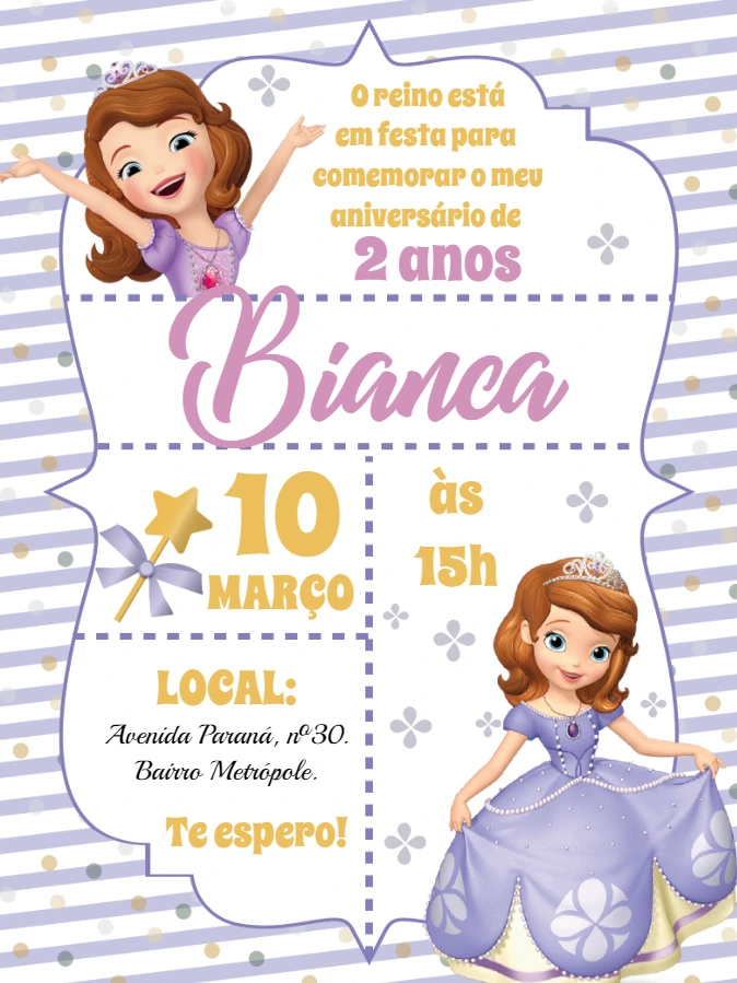 Convite Aniversário Princesa Sofia Editável Online