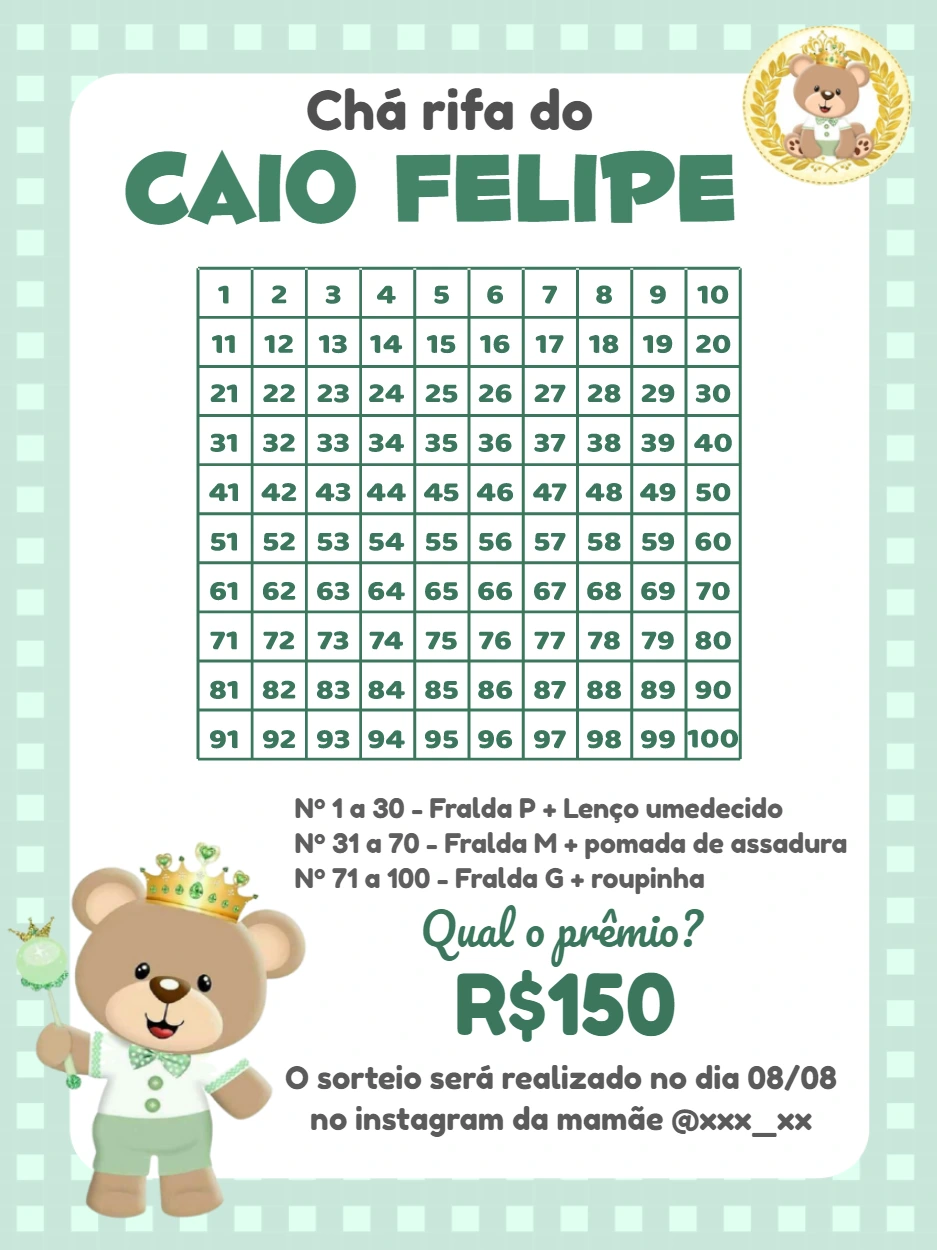 Convite Chá Rifa Ursinho Príncipe Editável Online