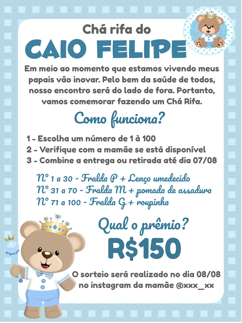 Convite Chá Rifa Ursinho Príncipe para Editar Online