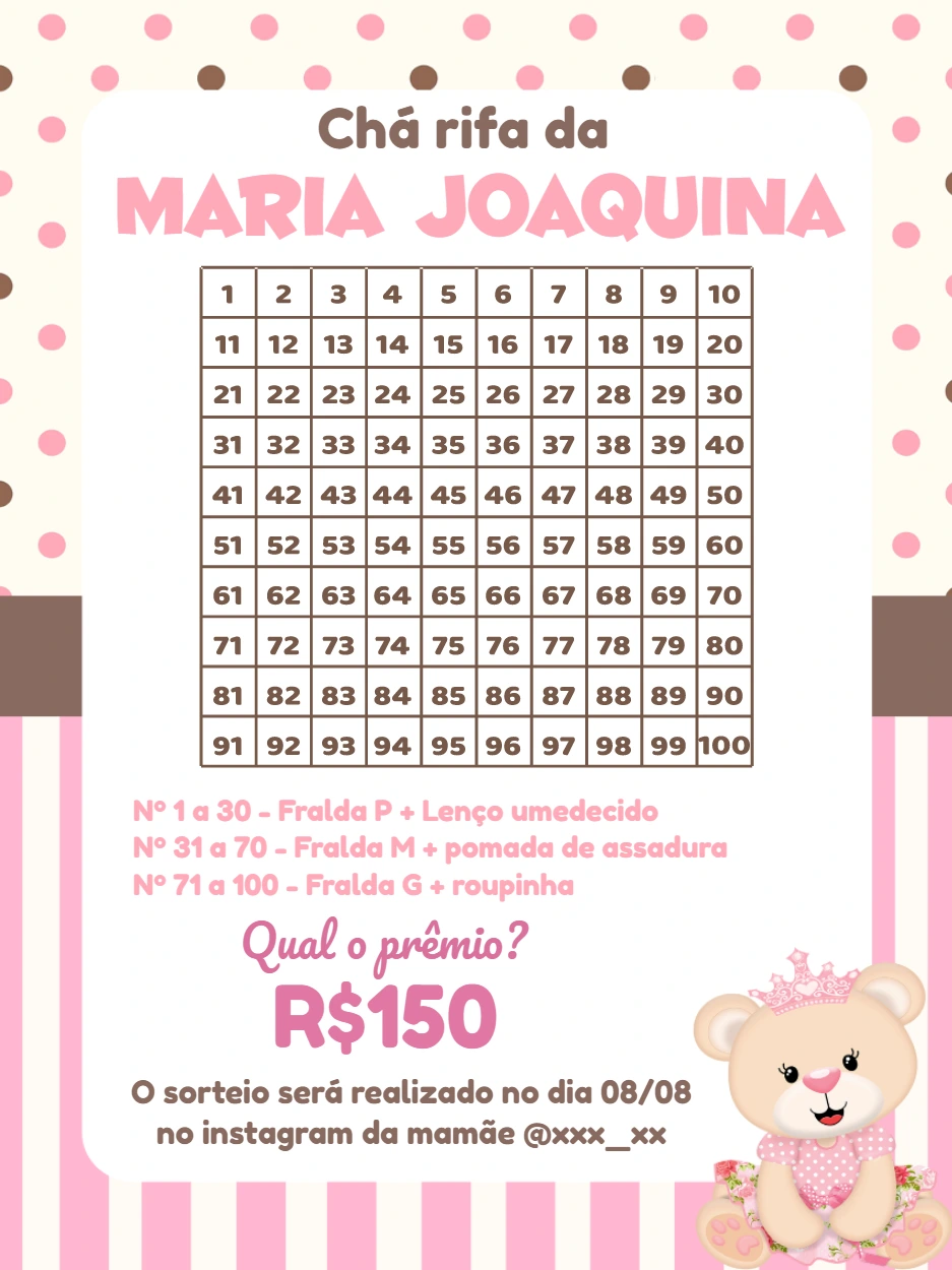 Convite Chá Rifa Ursinha Princesa Editável Online